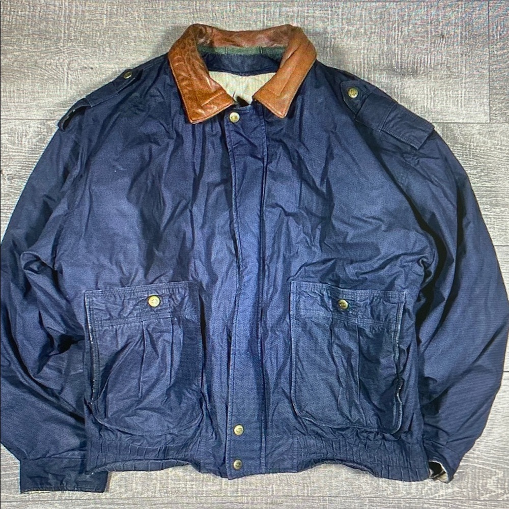 Gant Navy Bomber Jacket with Brown Leather Collar